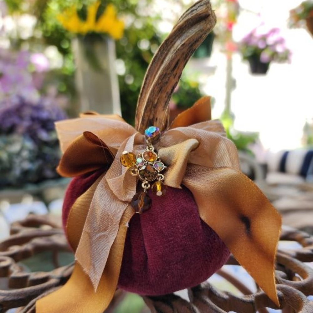 PUMPKIN WITH REAL STEM, VELVET FABRIC, SILK RIBBONS AND UNIQUE TRIM HANDMADE
